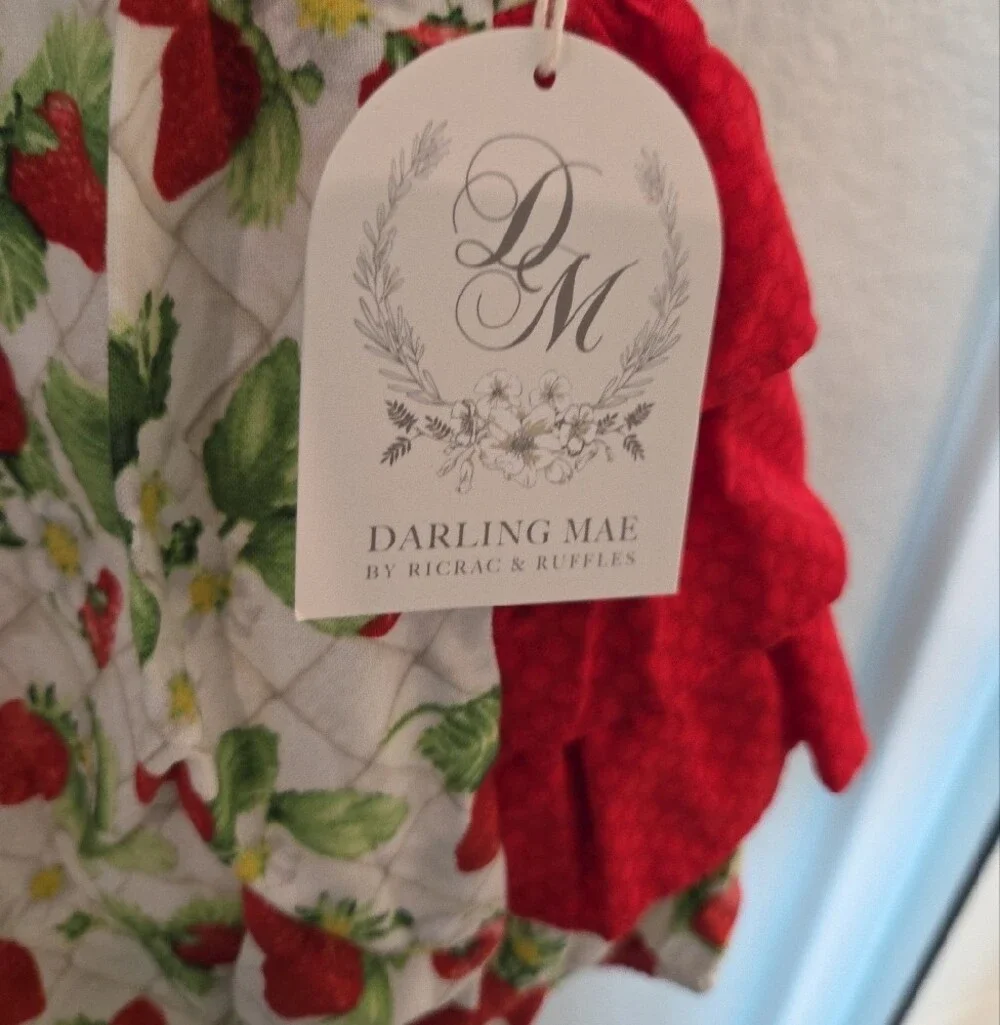 Darling Mae. Red and Green Strawberry Print Diaper Cover Romper